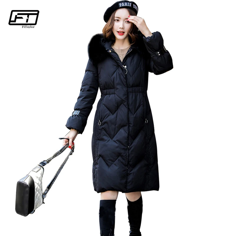 Fitaylor зимняя женская куртка пуховик с натуральным лисьим мехом длинное пальто