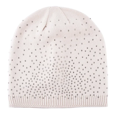 Повседневная Осенняя вязаная шерстяная шапка Skullies, женские шапочки, дамские Стразы, зимние шапки для женщин, тюрбан gorros - Цвет: Бежевый