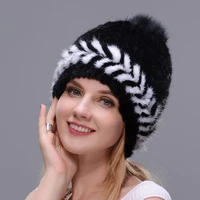 new fashion winter ear warm women knitting two color match cap real natural mink hats cross weave with fox fur pompom on the top