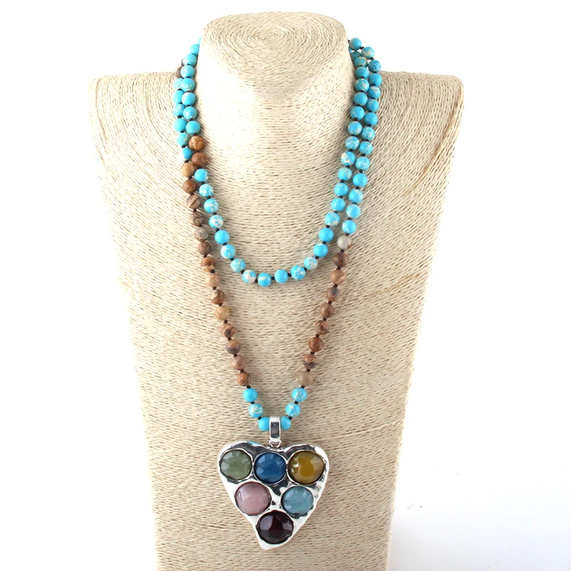 Новинка! 108 бусин Mala Мульти камень узлом сердце очарование кулон ожерелье женщин