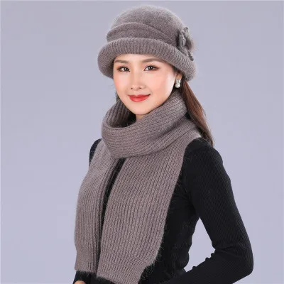 Khaki Hat scarf Ymsaid, Новое поступление, модная теплая шапка, шарф для женщин, зимняя шапка из кроличьей шерсти, теплая вязаная зимняя Вельветовая шапка для мамы, шарф, 2 шт - Цвет: Khaki Hat scarf
