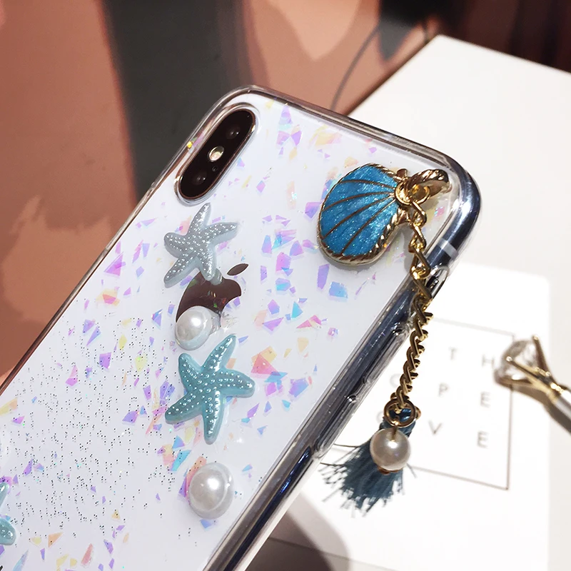 Phone Case for XS MAX XR 6Plus 7Plus Pearls Conch Shell Tassels Soft Silicon Clear iphone 6 6S 7 8 X Plus Coque |
