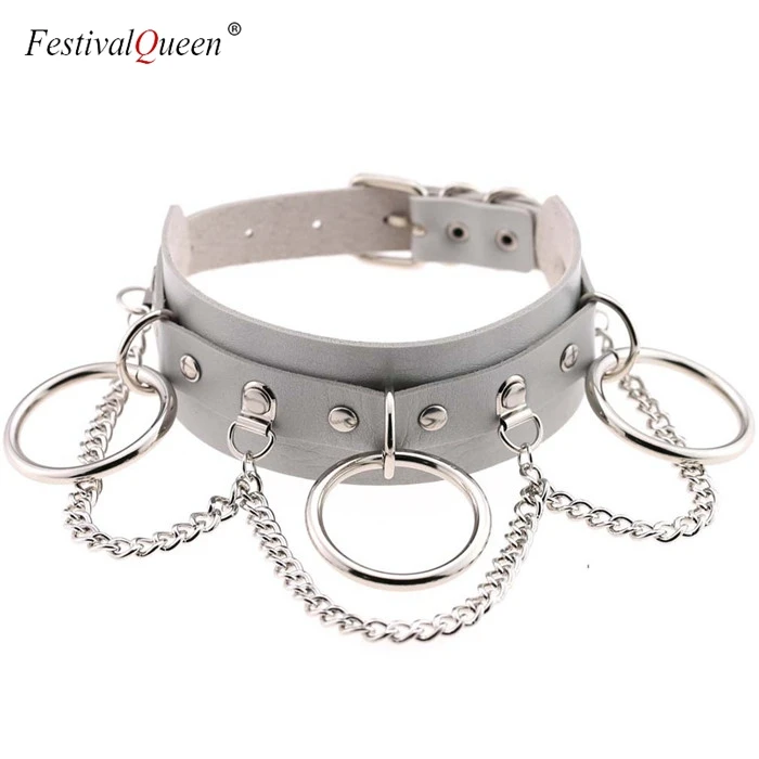 FestivalQueen, женское колье ручной работы, негабаритное, фетиш, круглая металлическая цепочка, кожаный воротник, связывание, жгут, ожерелье - Окраска металла: hui se