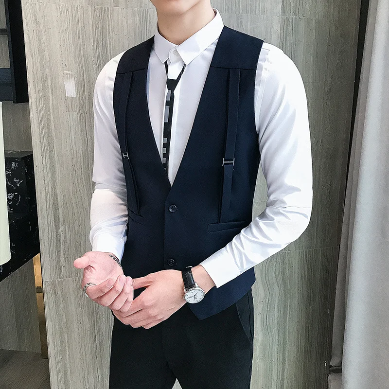 navy blue Мужской жилет с короткими ремнями, Свободный жилет для ночного клуба и бара, весенний однотонный жилет для мужчин размера плюс - Цвет: navy blue