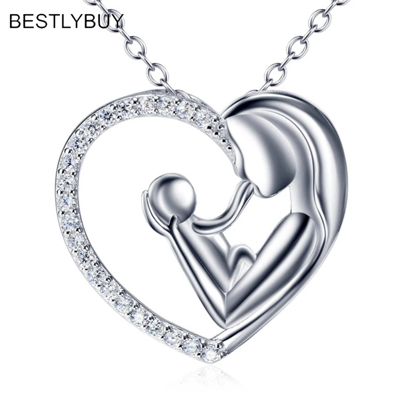 

BESTLYBUY Mother and Child Heart Cubic Zirconia Pendant Necklace 925 Sterling Silver Women Necklaces 45CM Women Jewelry