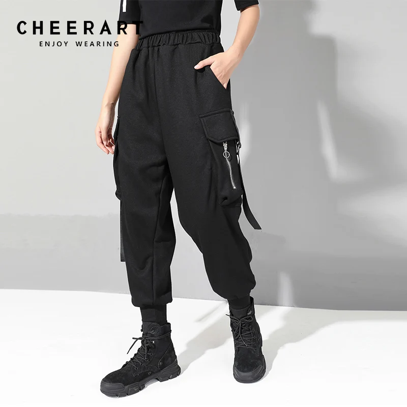 Черные брюки-карго Cheerart для женщин, женские спортивные брюки, брюки с высокой талией, на шнуровке, с карманами, уличная мода