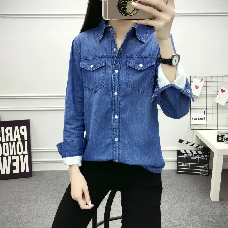 Зимняя теплая женская блузка с меховой подкладкой джинсовые рубашки длинным