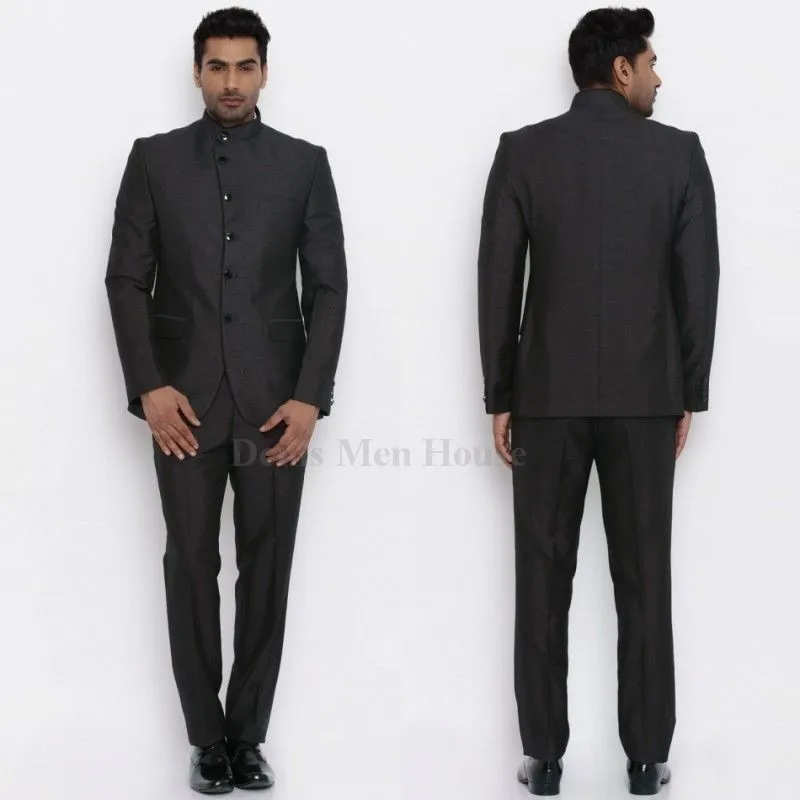 2018 модные деловые костюмы темно-серого цвета с высоким воротником для свадебных