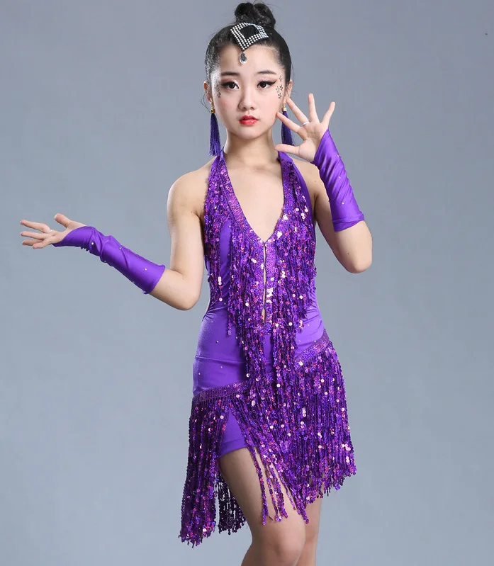 purple Профессиональные костюмы для девочек с блестками и бахромой для латинских танцев, сальсы, ча-ча, бальных танцев, соревнований, костюмы для детей, Одежда для танцев - Цвет: purple
