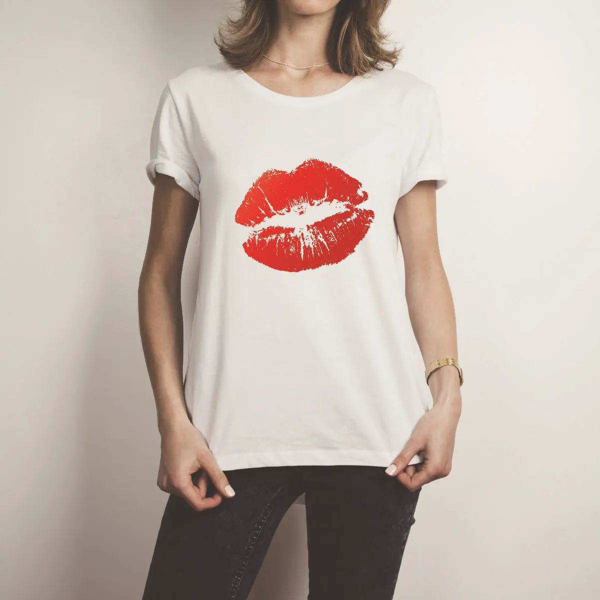 Футболка женская с принтом губы пикантный Повседневный свободный белый топ
