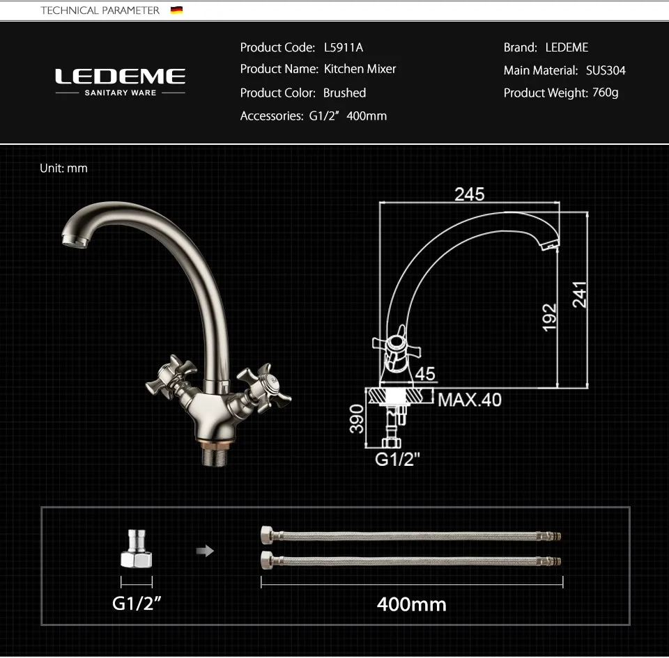 LEDEME Смеситель для кухни толстый излив с гайкой латунь Цвет: хром L5911A