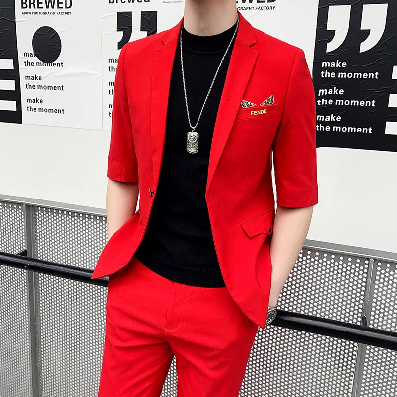 

YUSHU Summer Casual Middle-sleeved Suit Custom Wedding Groom Two-piece Suit men's nine-cent trousers