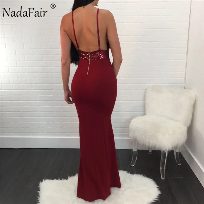 Nadafair сексуальное Макси-Платье на тонких бретелях, вечерние женские платья с глубоким v-образным вырезом, с блестками, с открытой спиной, в пол, облегающее длинное летнее платье