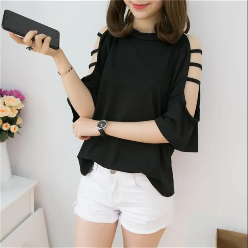 Женская хлопковая футболка средней длины с коротким рукавом и круглым вырезом |