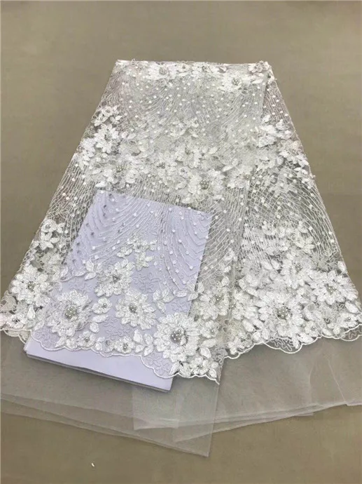 Бежевый Мелодия Органзы Французские Кружева Ткань 3D бусы Цветочная вышивка