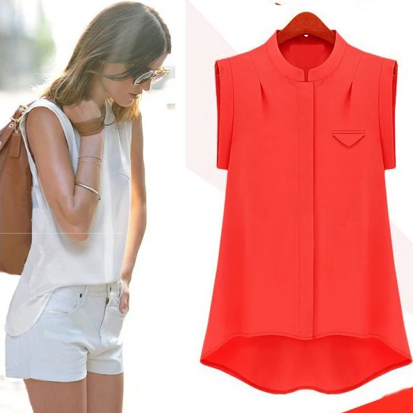 Женский шифоновый топ с воротником-стойкой классическая блузка без рукавов