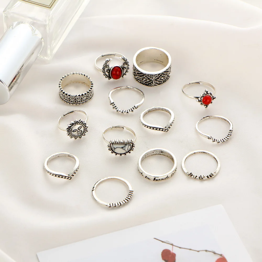 2018 New Vintage Silver Color 14pcs/Set Moon and Sun Midi Ring Sets for Women Pattern Female Red Big Stone Knuckle Rings Gift | Украшения и
