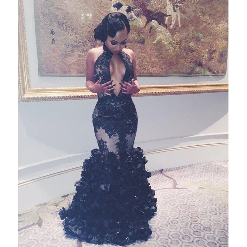 Черное длинное платье-Русалка с аппликацией для выпускного вечера новинка 2019