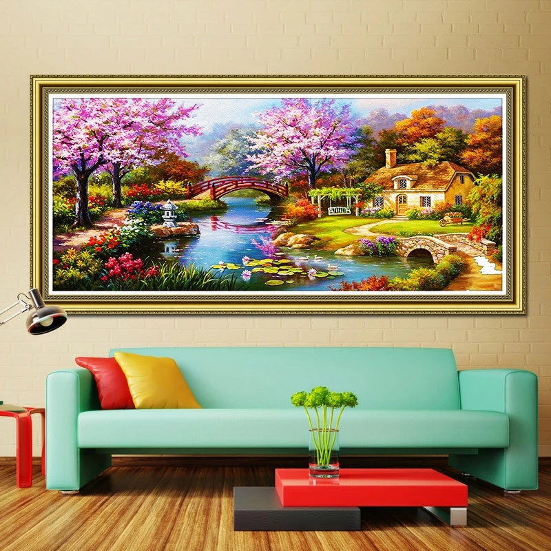 5D DIY Diamond Painting Cross Stitch Kits Wall Decor Cabin in the Forest Bridges Lake Lotus Ducks |