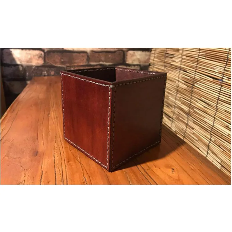 Homemade Dyeing Leather Square Pen Pencils Holder Desk Organizer Box StorageLeather Home Vase for  Office School Supplie