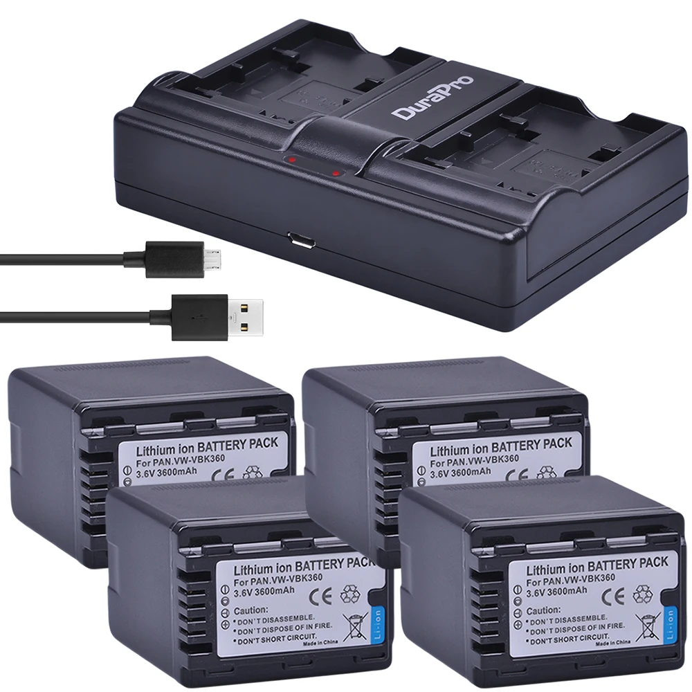 4X 3600 мАч VW VBK360 камера батарея + USB зарядное устройство для Panasonic HDC HS80 SD40 SD60 SD80 SDX1 SDR
