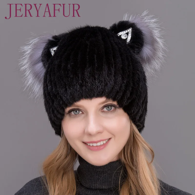 Зимняя женская Норковая шапка JERYAFUR, шапка с вертикальным плетением, шапка из натурального Лисьего меха норки, головные уборы в стиле ретро