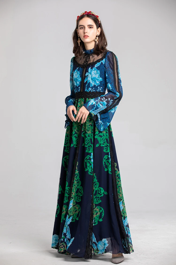 2019 женские подиумные платья с О образным вырезом и длинными рукавами вышивкой