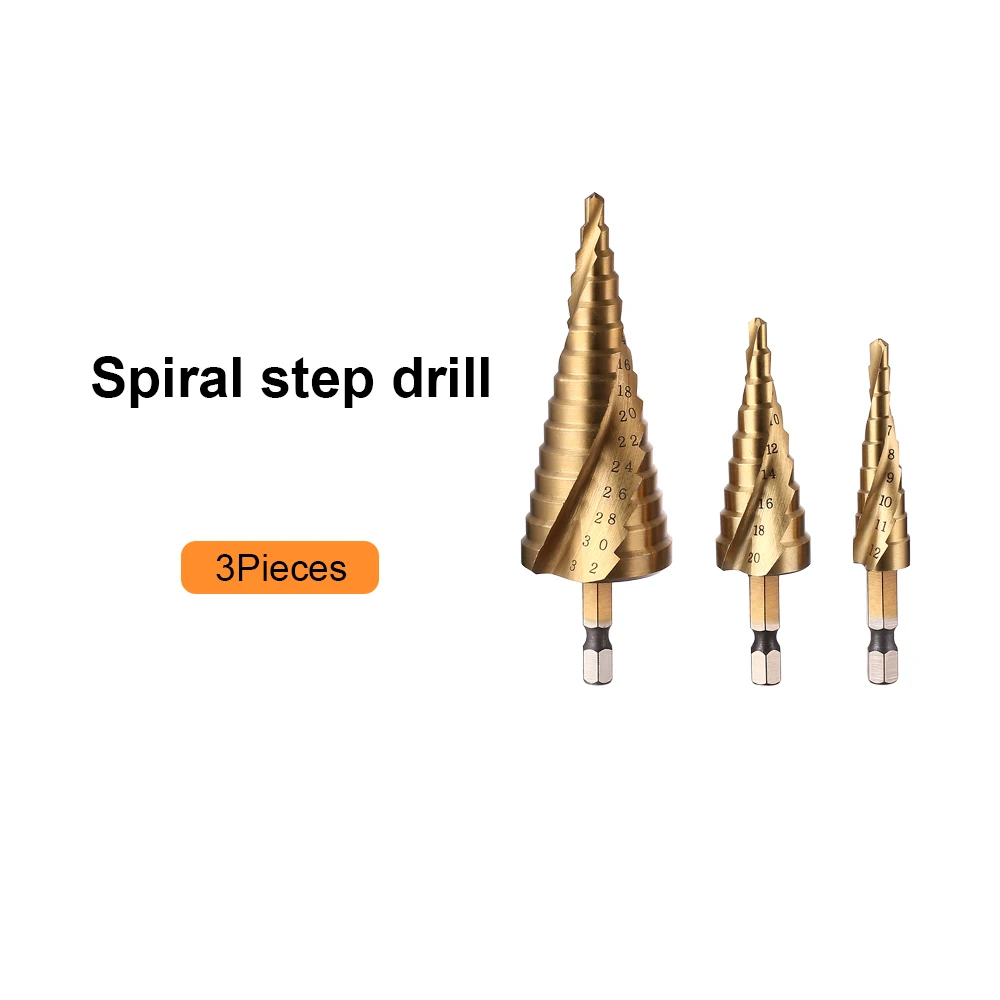 Step Drill Bit JelBo 3 шт. HSS Спиральная рифленые Шаг сверло карбида вольфрама с покрытием Алюминий Мини-дрель аксессуары Титан шарошечное буровое долото с резьбовой головкой(от 4 до 12 лет/20/32 мм - Цвет: Step Drill Bit