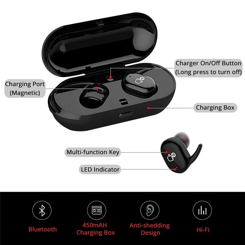 Настоящие беспроводные наушники Bluetooth Dual V4.1 Встроенный микрофон зарядный чехол