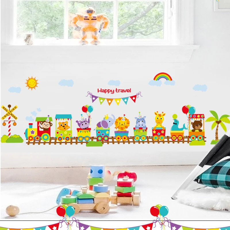 Животное путешествия настенный стикер с поездом детская комната спальня ПВХ