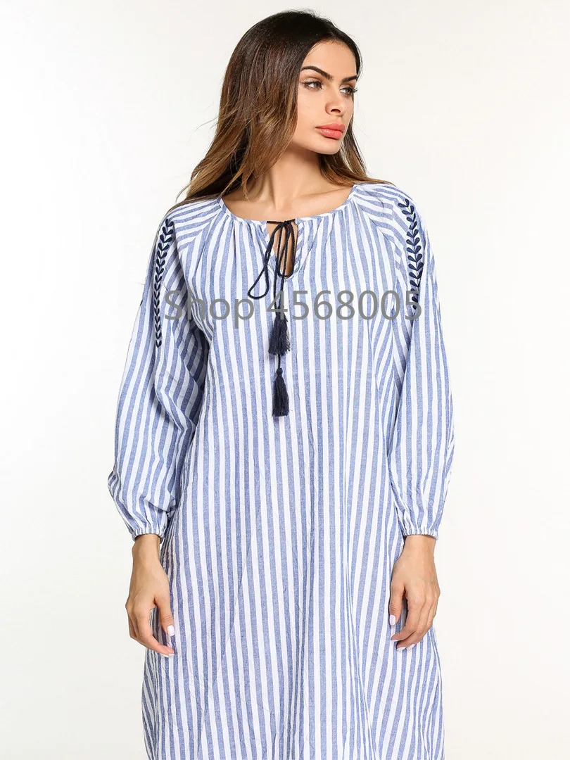 Повседневное мусульманское платье вышивка abaya полосатые длинные халаты кимоно