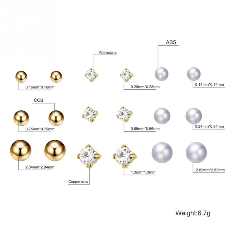 New Arrival 9 Pair Ear Stud Rhinestone Alloy Round Ball Gold Color Earrings Silver Simulated Pearl Earring Set | Украшения и