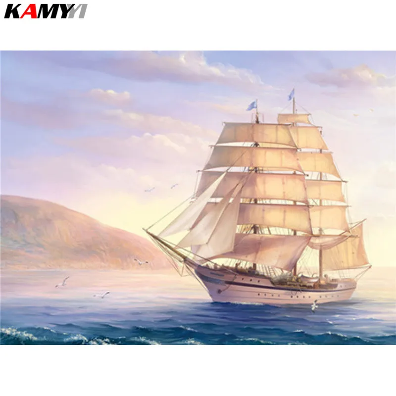 Белый 5D DIY Алмазная мозаика картина парусник на море бисер наборы для вышивки крестом Алмазная вышивка картина с кораблем Стразы домашний декор - Цвет: Белый