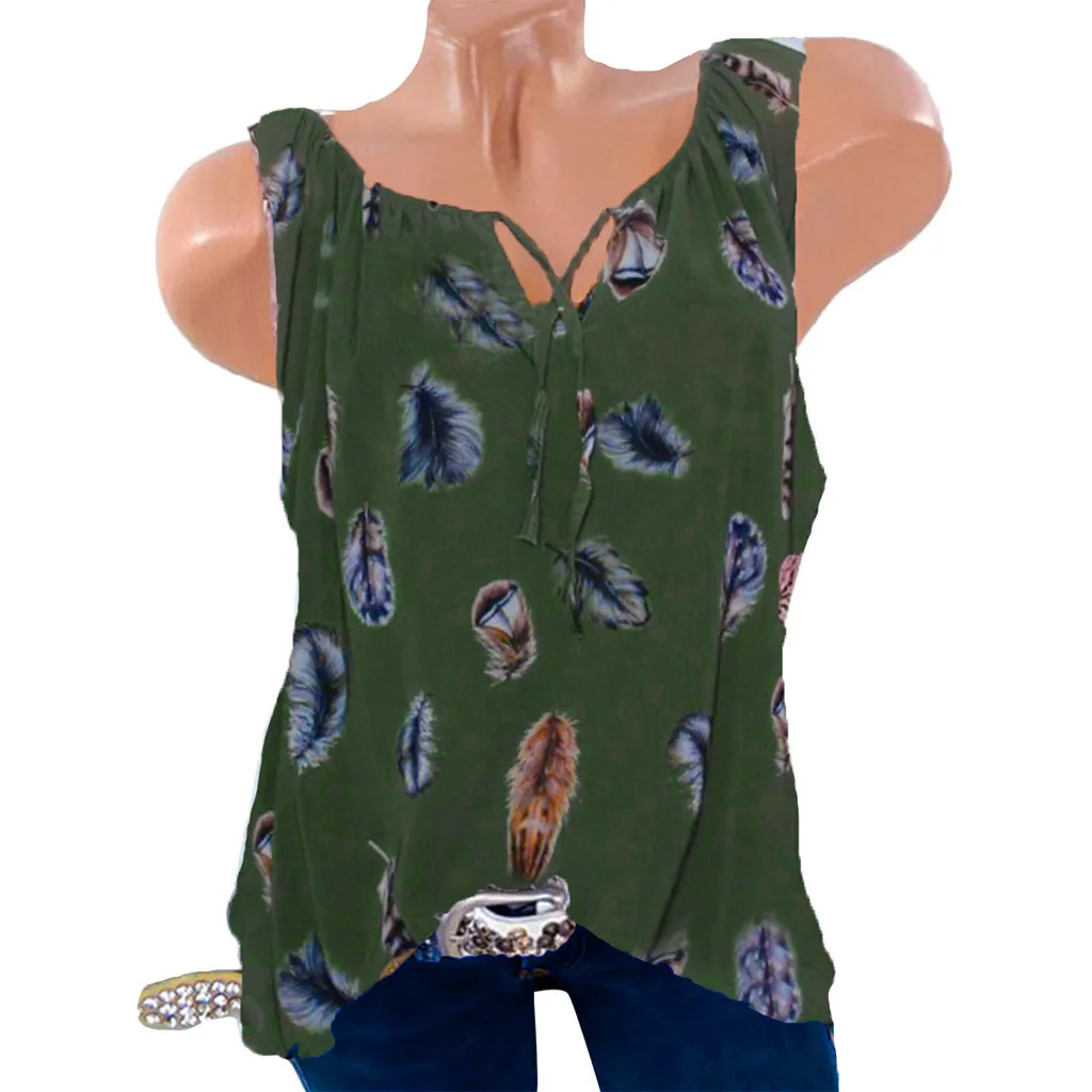 Футболка женская летняя без рукавов с V-образным вырезом и принтом в виде перьев |