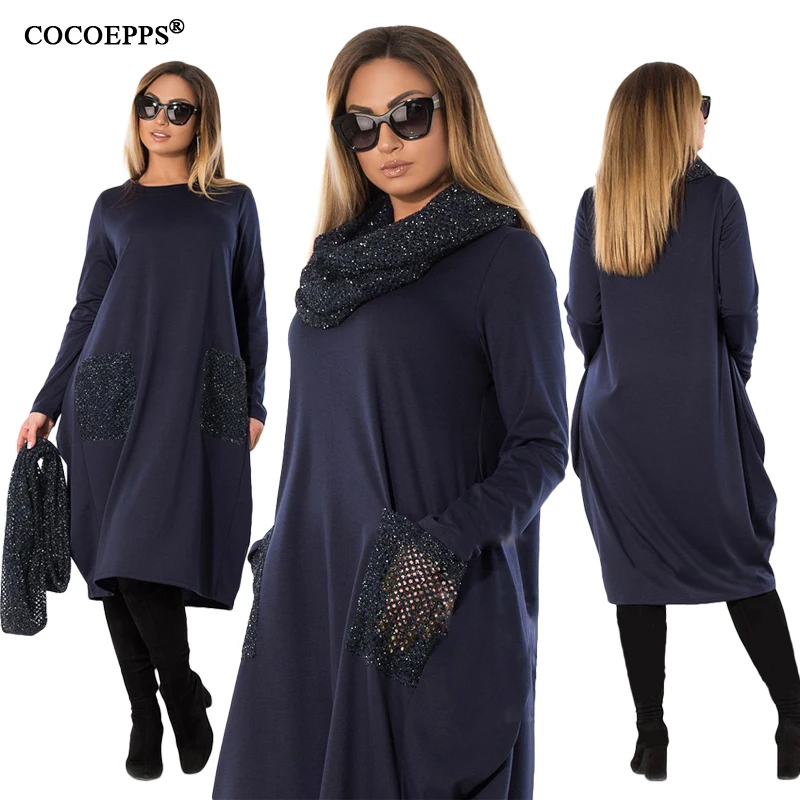 COCOEPPS 6XL БОЛЬШОЙ РАЗМЕР нагрудник женское платье Свободный Длинный рукав карман зимнее платье размера плюс Женская одежда Женская повседневная Vestidos