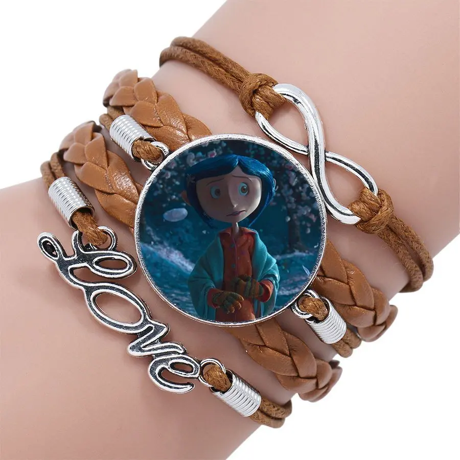 Coraline, модные ювелирные изделия, стеклянный кабошон, многослойный черный/коричневый кожаный браслет, женский браслет, для женщин, ручной работы, для девушек