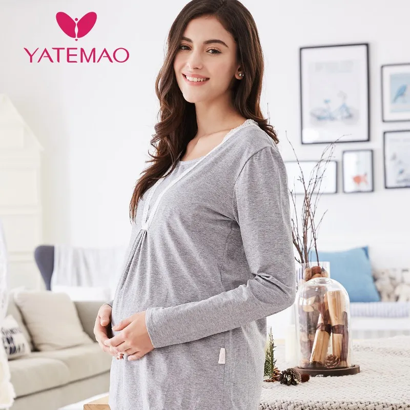 YATEMAO/хлопковая одежда для кормления с длинными рукавами; зимняя Пижама для кормления; Пижама для беременных; Пижама для грудного вскармливания; ночная рубашка для беременных - Цвет: 1131 gray set