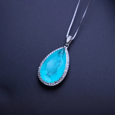 blue in white plate Ожерелье с кулоном из зеленого камня, подвеска в виде капли воды, персонализированное ожерелье с длинной цепочкой из AAA+ Кубического циркония для женщин, подарок PFX019 - Окраска металла: blue in white plate