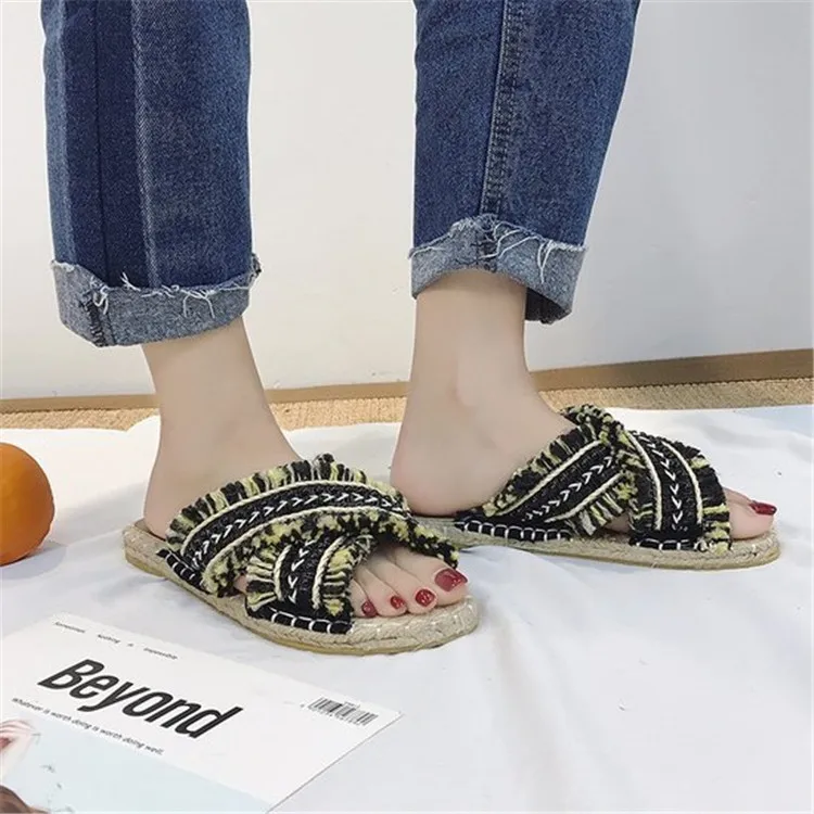 Модные летние богемные белье старинные Для женщин тапочки 2019 Новый Бисер плоские