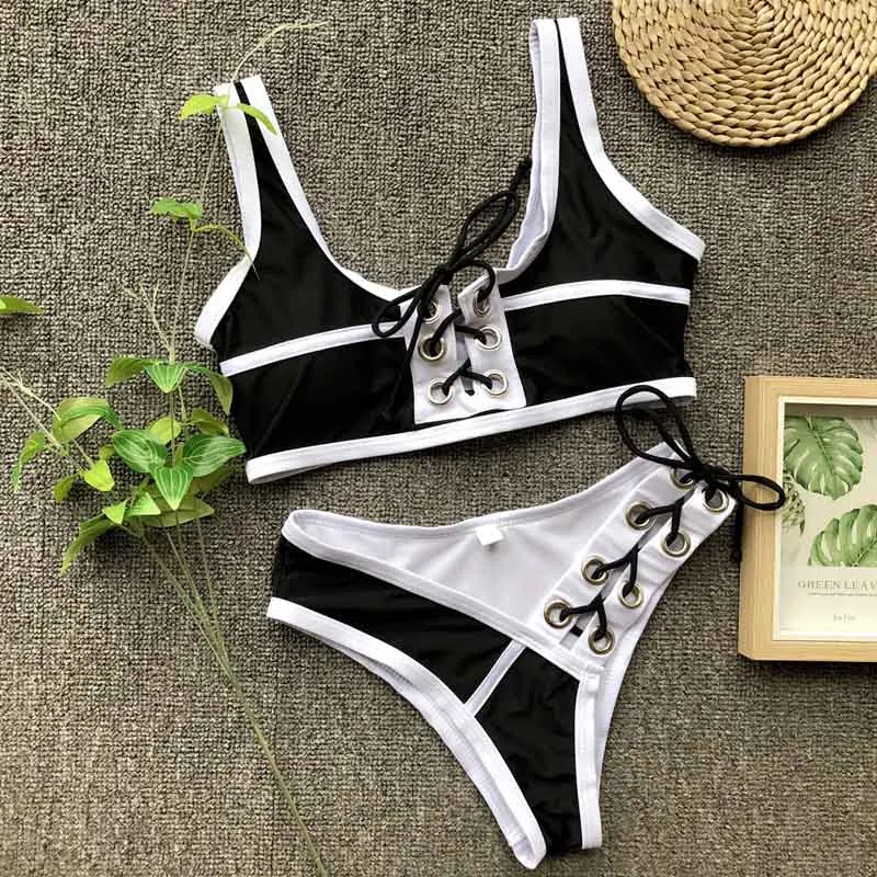 2019 New Solid Bikinis Sexy Black White Lace High Waist Swimsuit Patchwork Bikini Women Push Up Swimwear Banting Suit Swim 3770 |