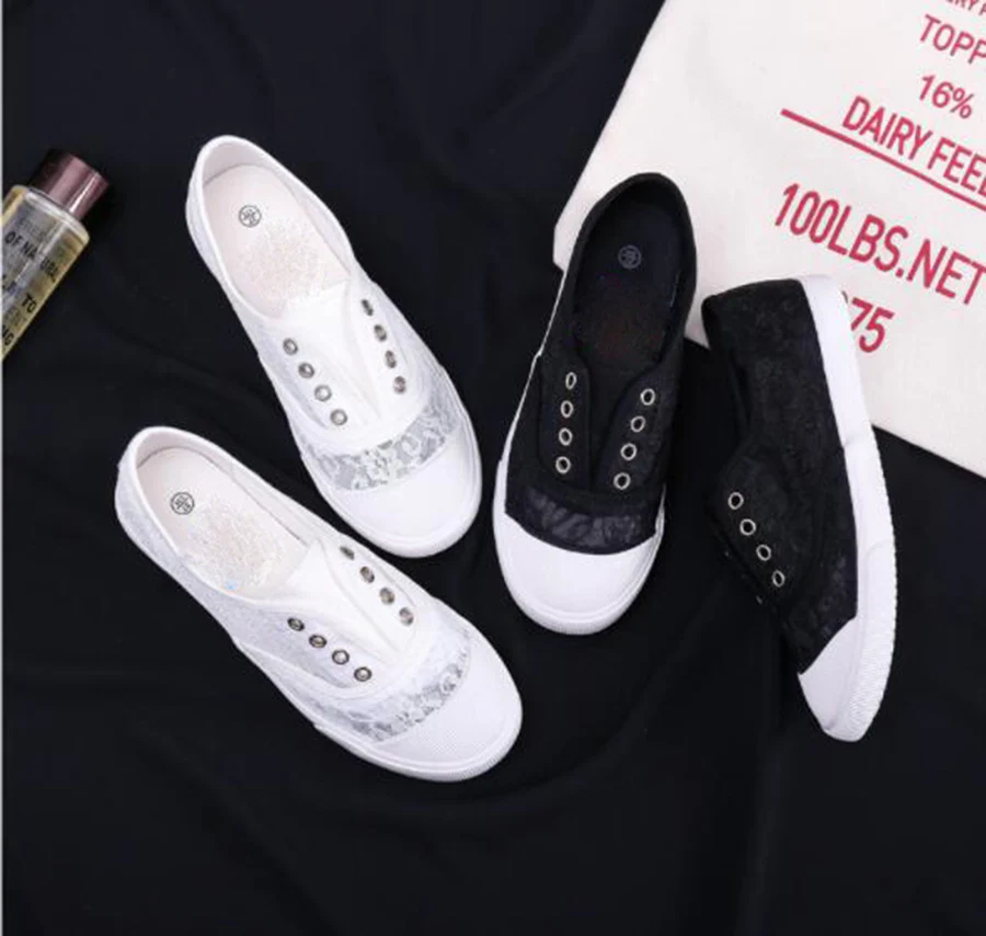 Новинка Белые туфли с цветочным кружевом Летние парусиновые на плоской подошве