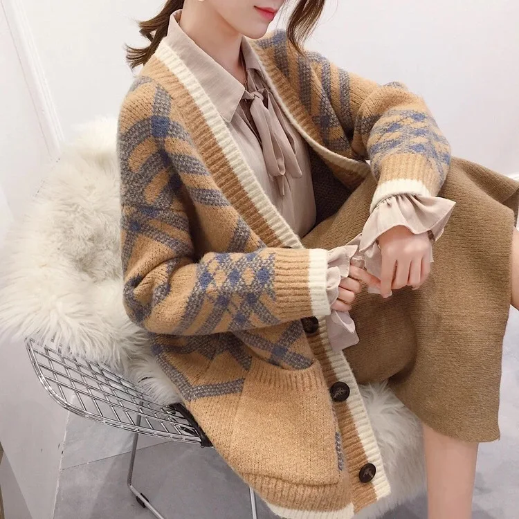 Модные женские однобортные свитера с геометрическим рисунком вязаный длинный