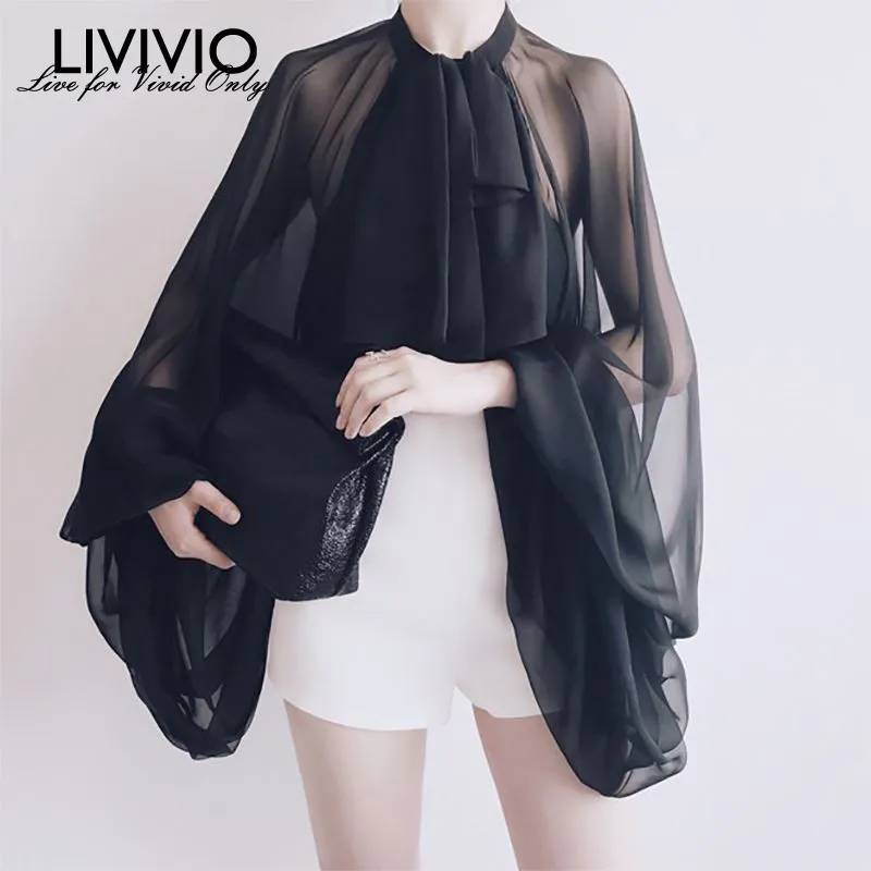 Женская шифоновая блузка с бантом [LIVIVIO] прозрачная из тюля рукавами фонариками