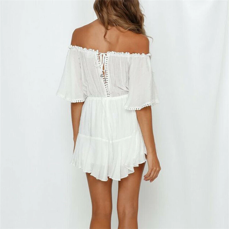 Женский пляжный комбинезон с открытыми плечами Белый Свободный вырезом лодочкой