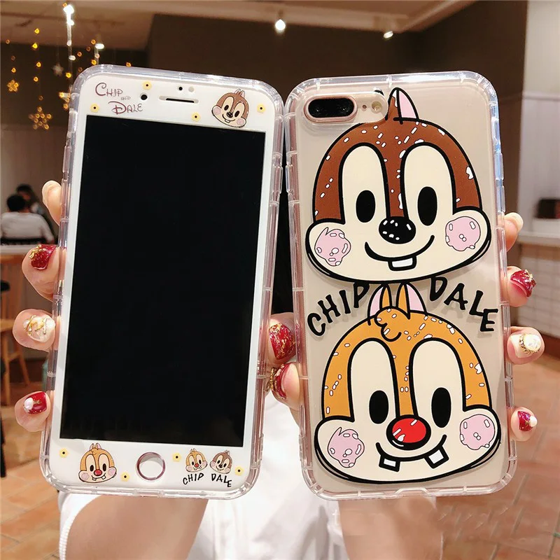 case and flim A Для iPhone 8 plus Cartonn чип Дейл Гуфи чехол и закаленное стекло экран пленка для iPhone 7 7 плюс 8 6 s 6splus прозрачный мягкий чехол - Цвет: case and flim A