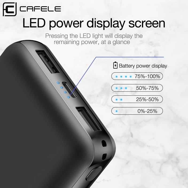 CAFELE 10000 mAh Мощность Bank Dual Выход Micro USB Вход свет Зарядное устройство для iPhone X XS samsung