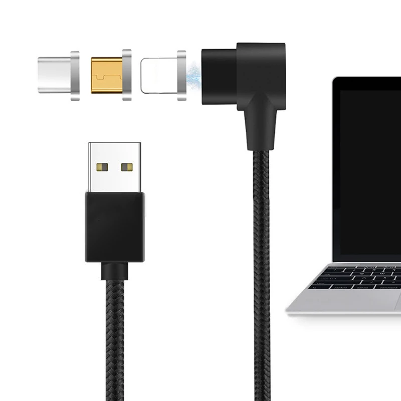 Магнитный зарядный кабель 3 в 1 с углом 90 градусов L-образный для iPhone / Micro USB Type C 2 А