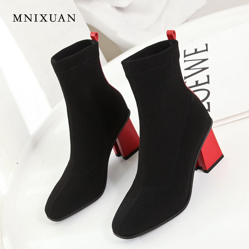 MNIXUAN/вязаные эластичные ботинки; женская обувь; Новинка года; Зимние ботильоны из натуральной кожи на высоком толстом каблуке с квадратным носком; большие размеры 34-43