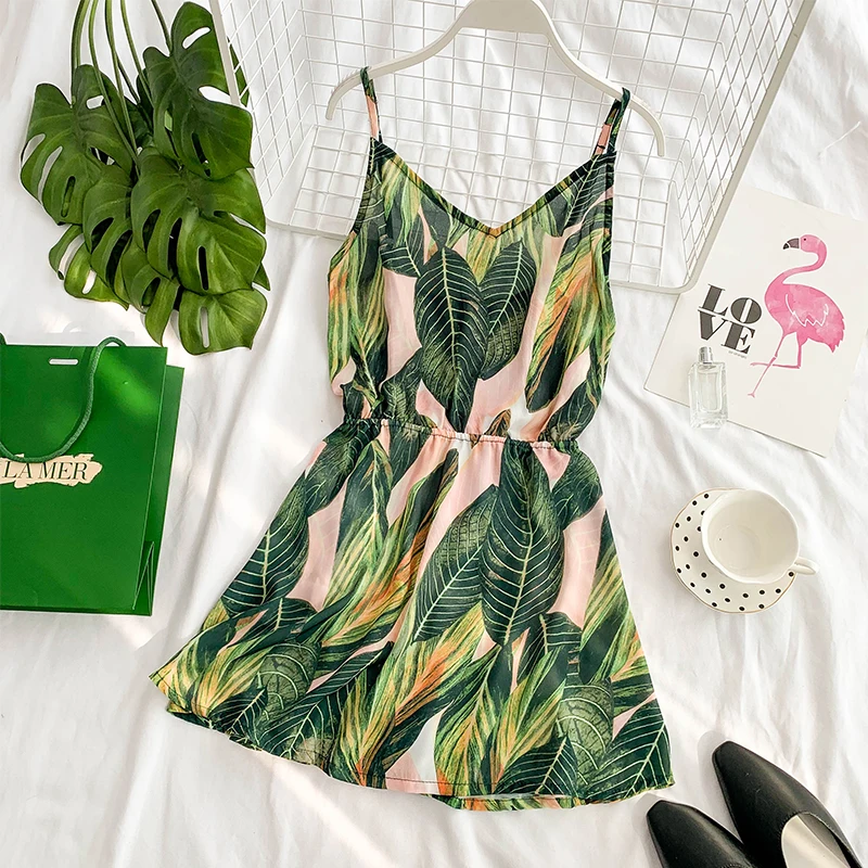 Тропические растения лист печати комбинезон с v образным вырезом Холтер талии
