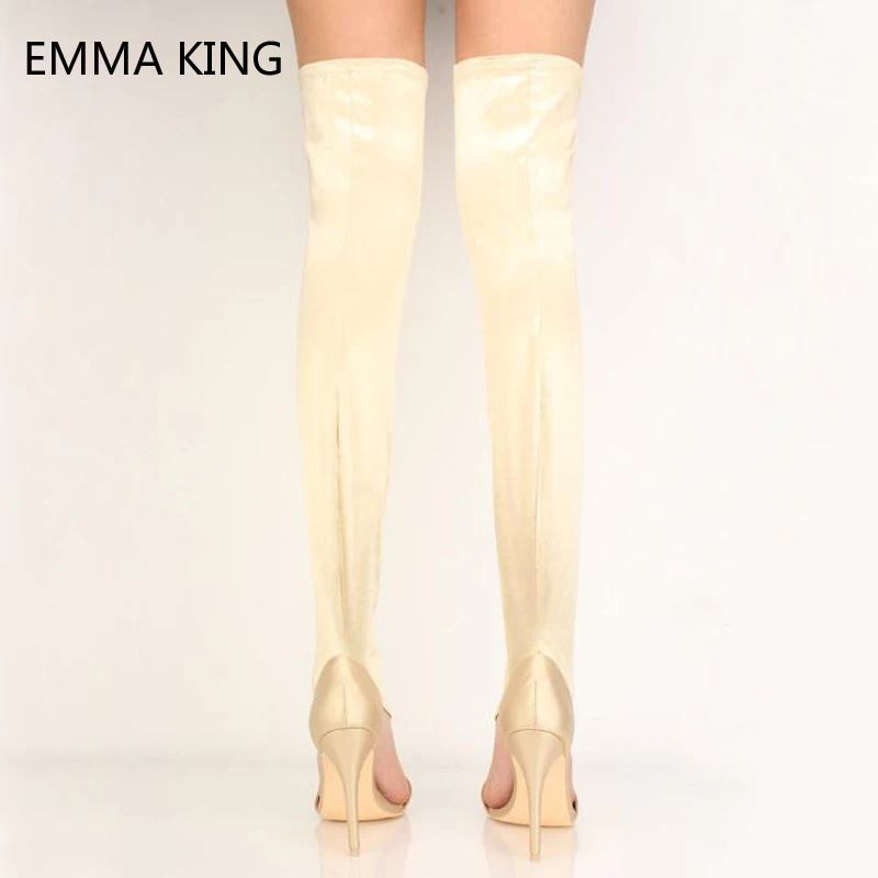 Телесного цвета с открытым носком на шпильке до бедра каблуки сапоги Для летних